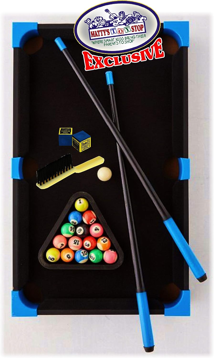 Matty's Toy Stop Deluxe Wooden 20" Mini Table Top NEON Pool (Billiards) Table with 15 Colored Balls, 1 Cue Ball, 1 Brush, 2 Pool Sticks, 2 Cubes of Chalk & Racking Triangle : Sports & Outdoors