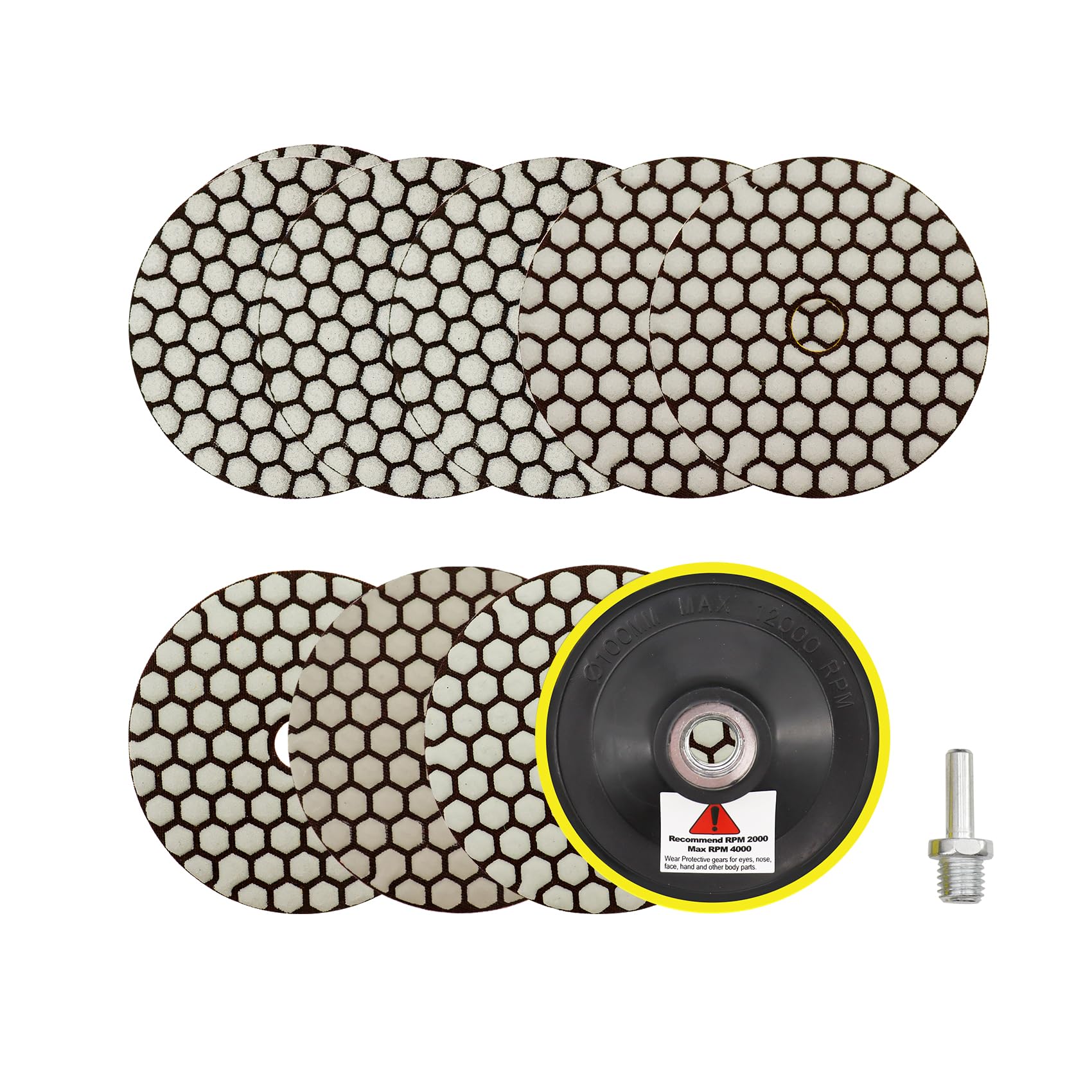 Dry Diamond Polishing Pads 4"/100mm - 8pcs 50x3/100x2/200/400/800 Polish Pad Kit with M14 Backer Pad+Adapter for Granite Marble Artificial Stone Quartz for Angle Grinder SANLEETEK