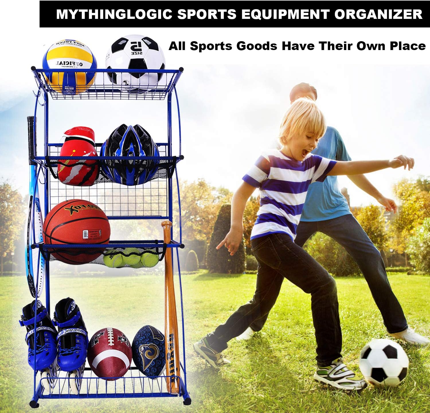 Mythinglogic Sports Equipment Storage for Garage, 4 Shelf Shelving Garage Organizer with Rack, Sports and Ball Storage, Sport Gear Balls Storage, Sport Utility Storage Rack, Blue: Sports & Outdoors