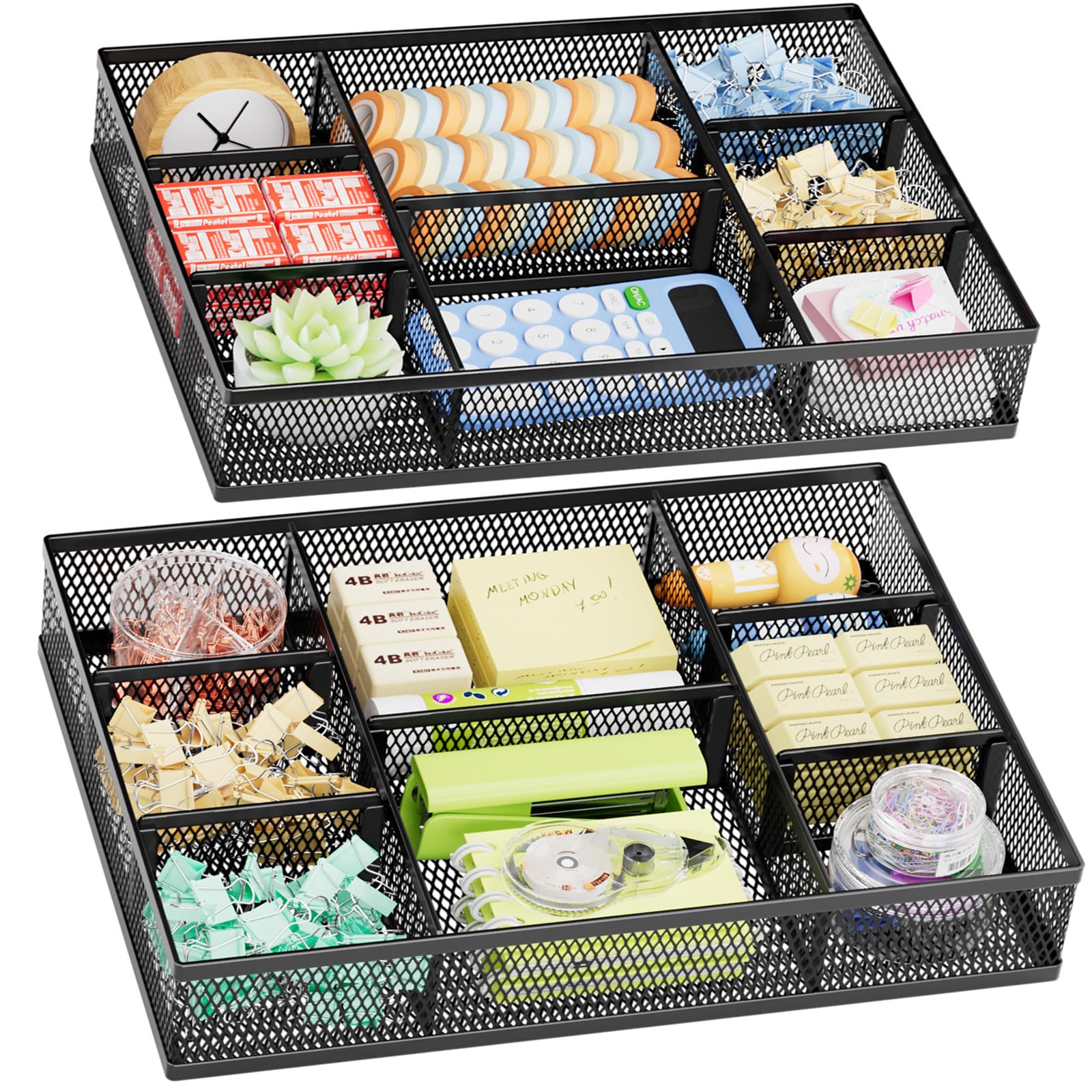 Photo 1 of Marbrasse 2 Pack Desk Drawer Organizer, Mesh Drawer Organizer Tray with 8 Adjustable Compartments, Desk Organizers and Accessories, 5 Dividers Drawer for Office Supplies, Makeup & Vanity (Black)