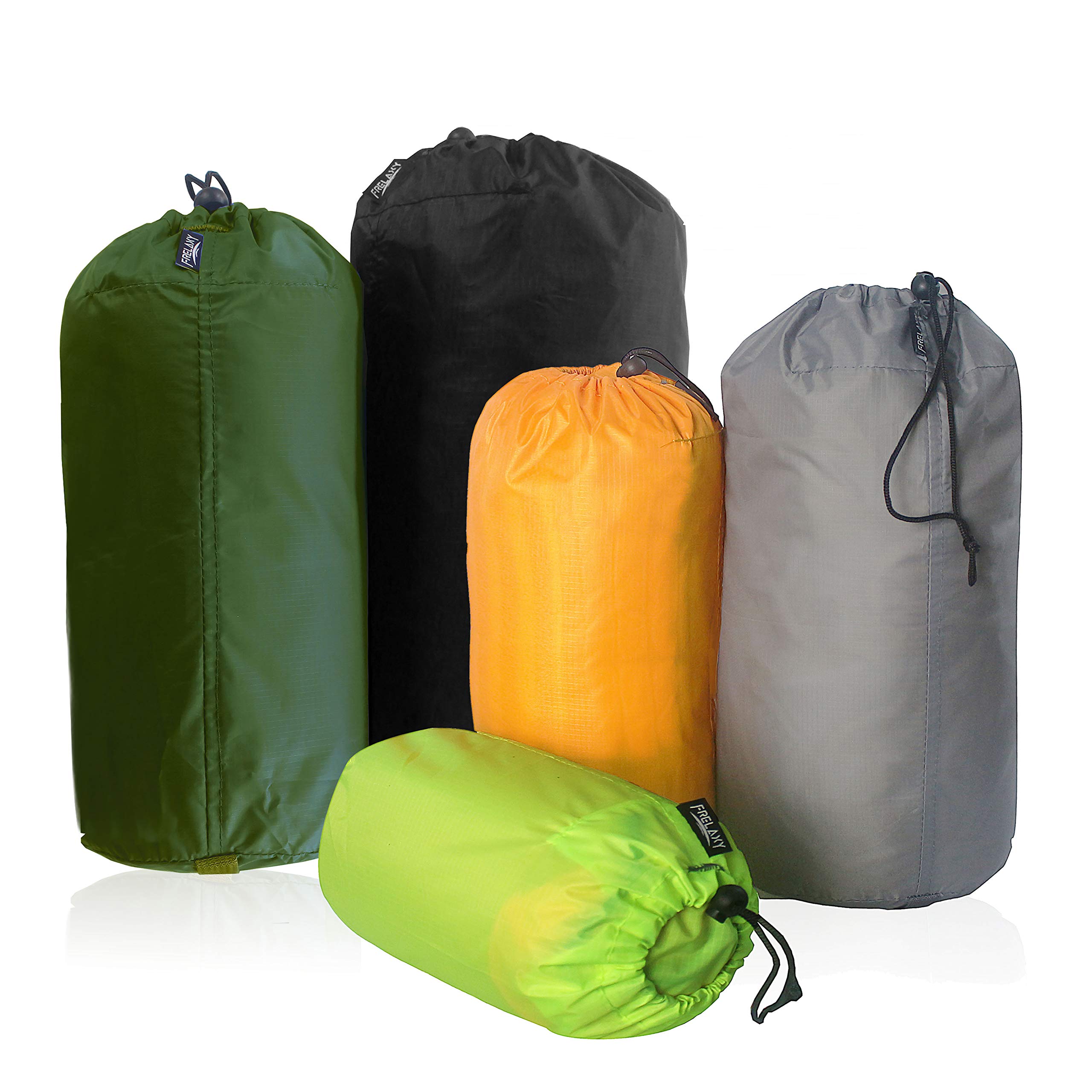Frelaxy Stuff Sack Set 5-Pack (3L&5L&9L&15L&20L), Ultralight Ditty Bags with Dust Flap for Traveling Hiking Backpacking, Neon Green&Orange&Gray&Army Green&Black, 3L&5L&9L&15L&20L