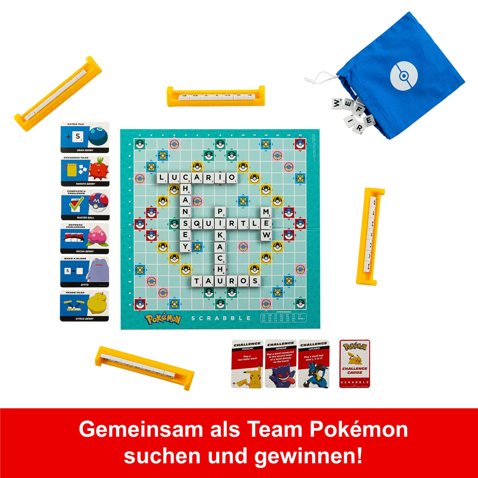 Mattel Games Scrabble Pokémon-Brettspiel, Familienwortspiel mit Zwei Spielmöglichkeiten, enthält 50 Herausforderungskarten mit Pokémon-Charakteren für 24 Spieler, Deutsche Version, HXT28 3