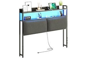 Herture Headboard for Full Size Bed, Headboards with Outlets, USB Ports and 60,000 DIY Color LED Light, Upholstered Head Board with Storage, Height Adjustable, Black BT03CRB