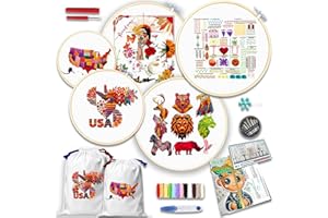 Genius Skills 5 Pack Beginner Embroidery Kits for Adults – DIY Starter Set with Dual-Sided Embroidery Bag, Embroidery Hoop, Colorful Threads, Tools, Step by Step Instructions & Video Tutoria