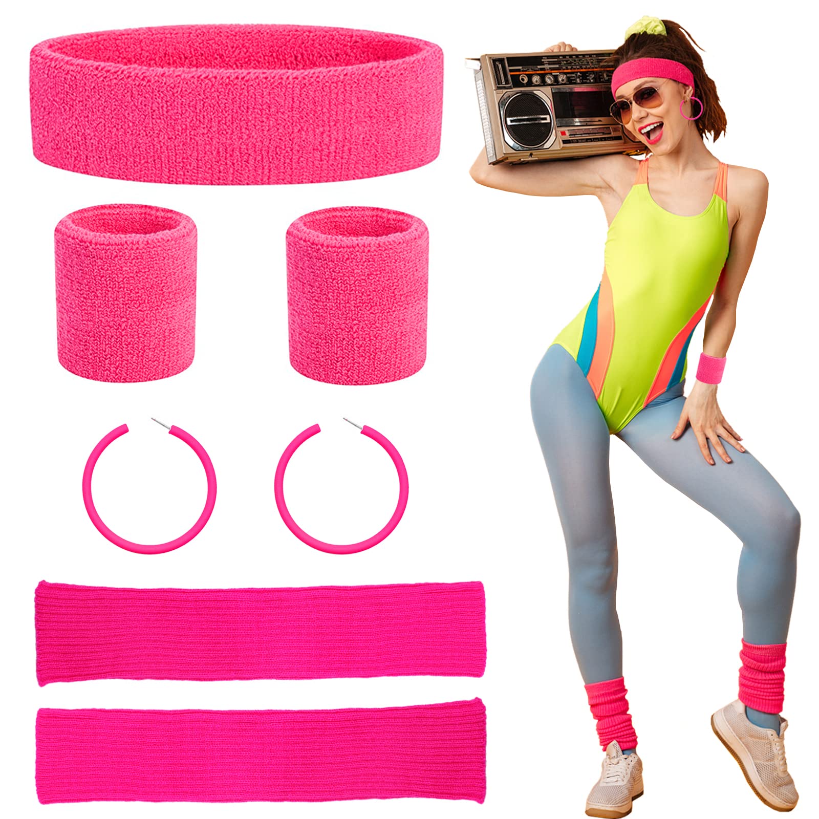 Beamely 80s Headband and Wristband Leg Warmers Party Set for Women, 1980s Neon Fancy Dress Costumes Accessories with Earrings Sport Kit for 80s Retro Them Party Supplies Gym Sport(Pink)