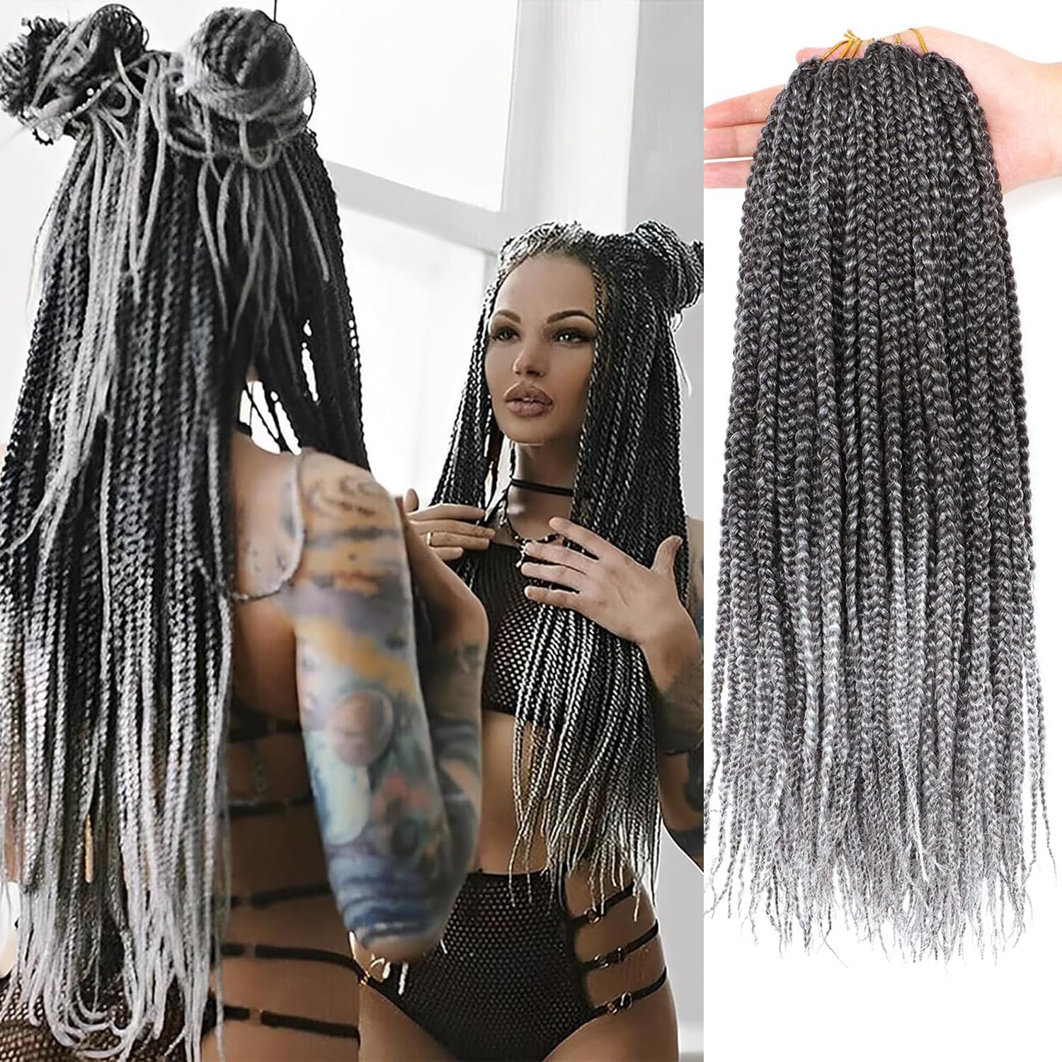7Packs/Lot Box Braids Crochet Hair Extensions for Black Women Pre looped Crochet Braids Hair Extensions Braiding (18Inch(Pack of 7), #T-gray) — image 1