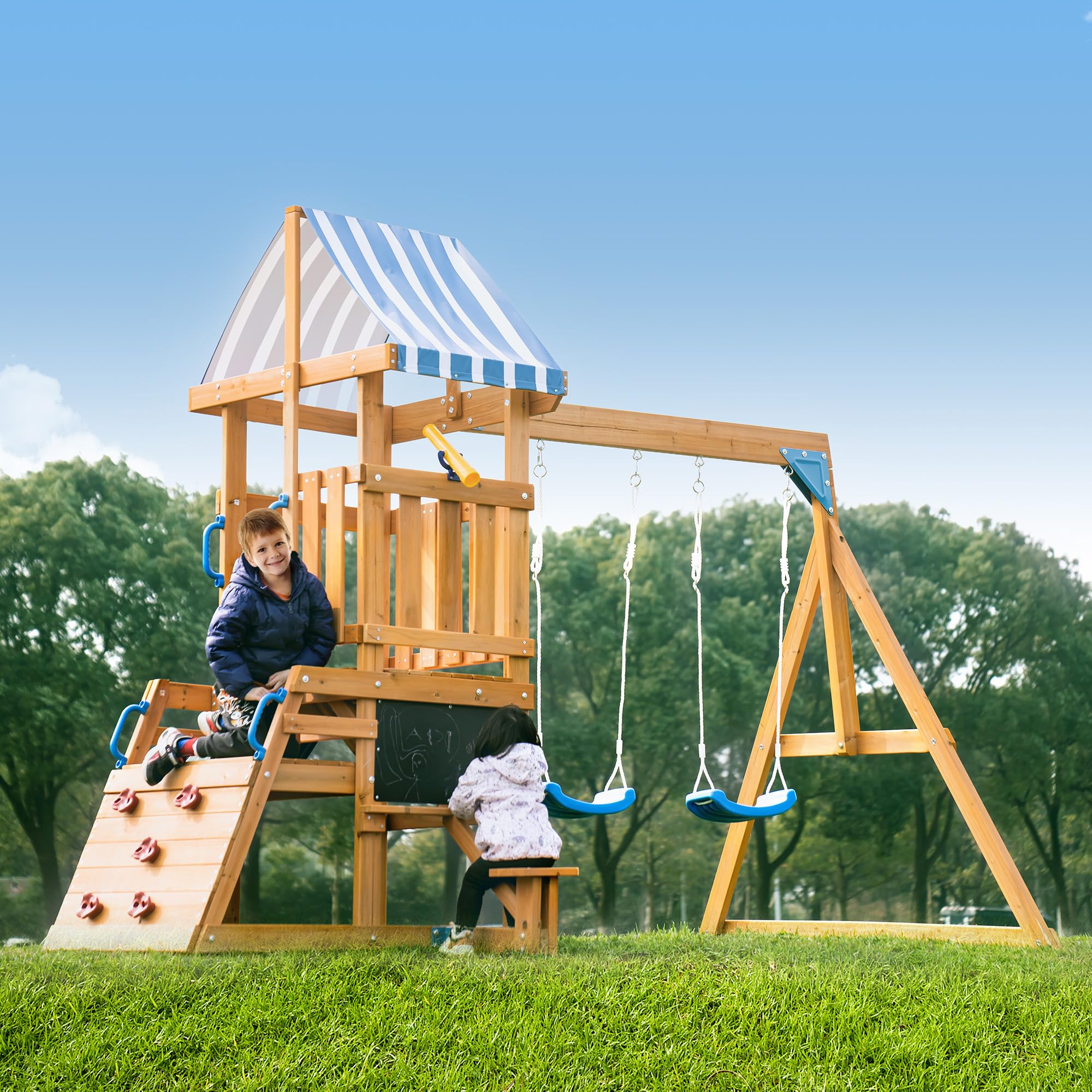 ROBOTIME Wooden Swing Set For Backyard All in One Kids Outdoor Play 
