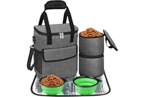 NECKORY Dog Travel Bag, Weekend Dog Travel Accessories for Camping, Pet Travel Bags with 2 Collapsible Dog Bowls, 2 Travel Dog Food Container, 1 Waterproof Pet Feeding Mat - S, Grey