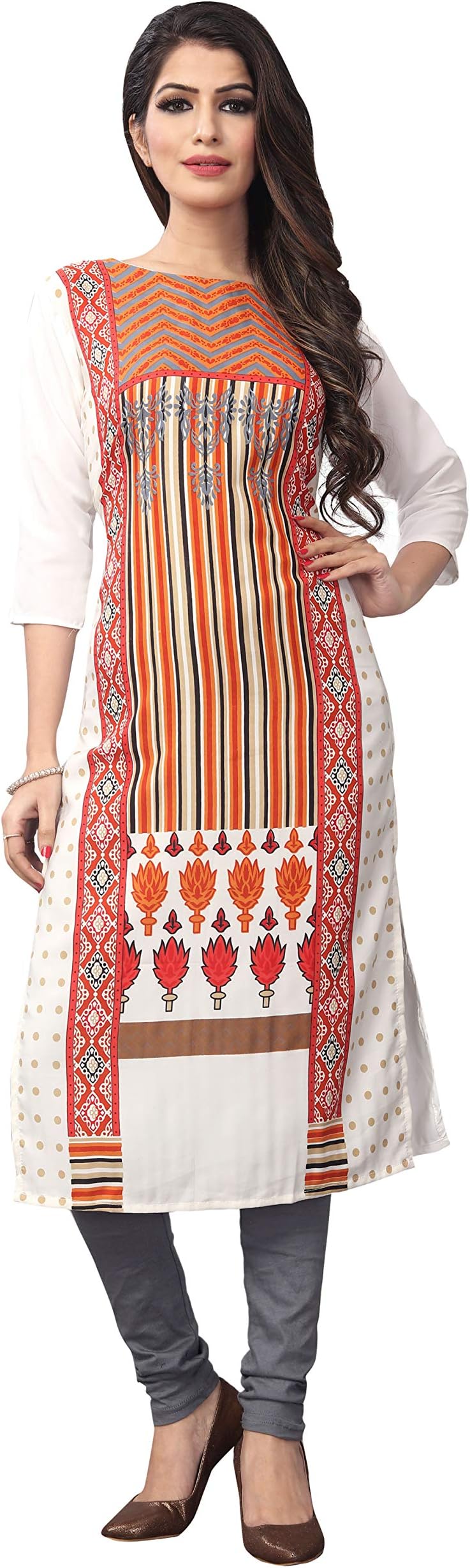 1 Stop Fashion Women's White Crep Knee Long Straight Kurti