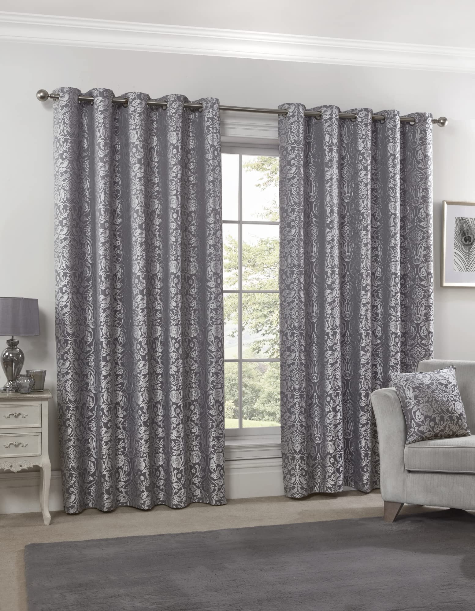 Emma Barclay – Fully Lined Curtains for Bedroom Living Room Jacquard Eyelet Two Panel Damask Curtains Eden Collection (66” x 90” Inch)(Silver)