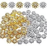 Bead Caps, 100pcs 10 mm Alloy Hollow Double Flower Bead Caps Loose Bead Spacer End Bead Caps for Bracelet Necklace Earring Crafts Making, Antique Golden and Antique Silver