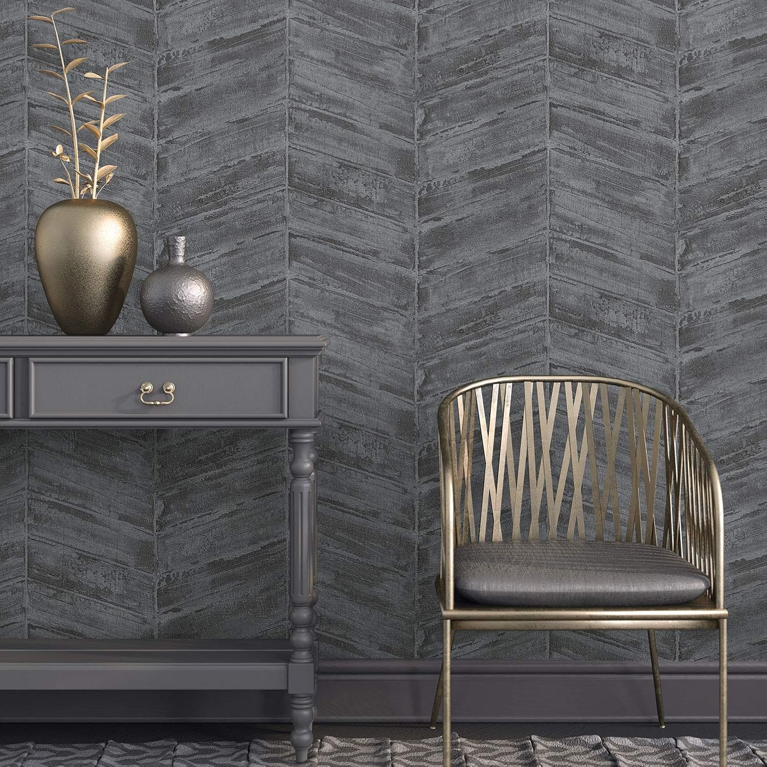 Galerie G67776 Ambiance, Chevron Design Wallpaper, Charcoal, 10m x 53cm - Image 3