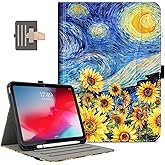 for iPad (A16) 11th Generation Case 2025, for iPad 10th Generation Case Shockproof with Pencil Holder, Multi-Angle Adjustable Stand View with Pocket/Hand Strap/Auto Wake Sleep Starry Night Sunflowers