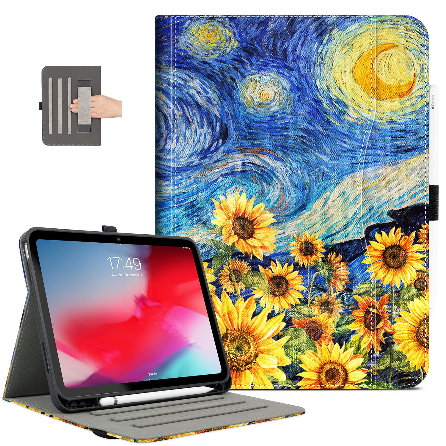 Photo 1 of for iPad (A16) 11th Generation Case 2025, for iPad 10th Generation Case Shockproof with Pencil Holder, Multi-Angle Adjustable Stand View with Pocket/Hand Strap/Auto Wake Sleep Starry Night Sunflowers