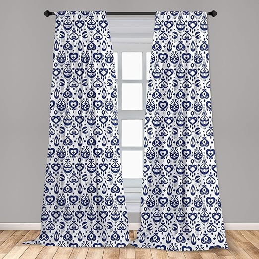 Amazon Com Ambesonne Navy Blue Curtains 2 Panel Set Traditional Ikat Pattern Retro Style Composition Damask Inspired Lightweight Window Treatment Living Room Bedroom Decor 56 X 84 Blue White Home Kitchen