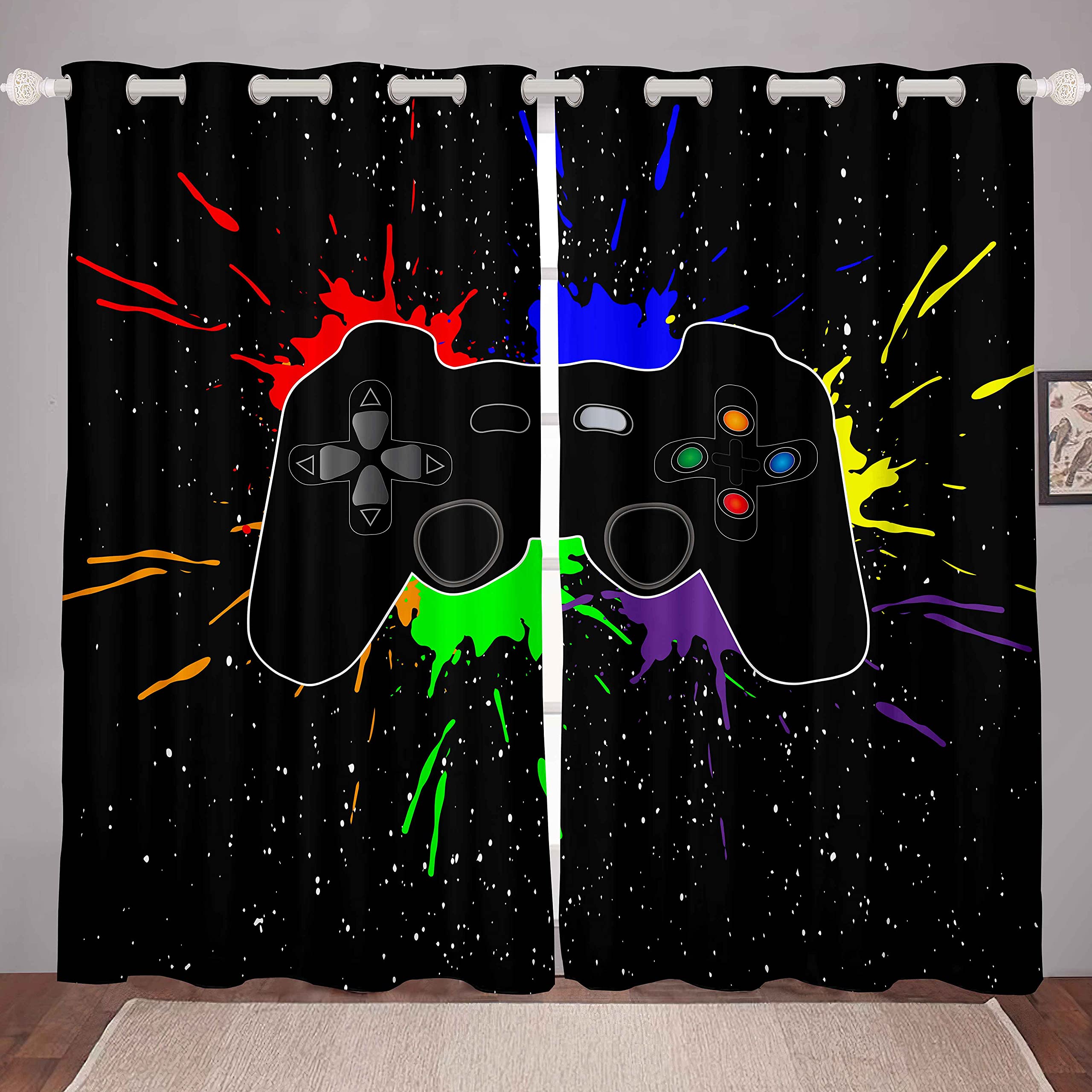 Loussiesd Gamer Window Treatments Teens Video Game Gamepad Curtains for Boys Kids Children Modern Game Controller Window Drapes Stain Resistant Room Decor Gaming Tie Dye W46*L54