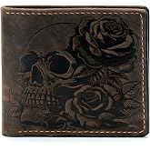 Genuine leather handmade Skull Rose wallet, bifold classic style ID card | Distress leather, handmade in Classic bifold style with ID card slot, big pocket for cash/bills, animals pattern