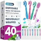 40 Pack 5-in-1 Disposable Toothbrushes, Travel Toothbrushes, 4 Flavors | Individually wrapped mini toothbrushes with toothpaste, floss, pick and tongue scraper for waterless on-the-go oral care.