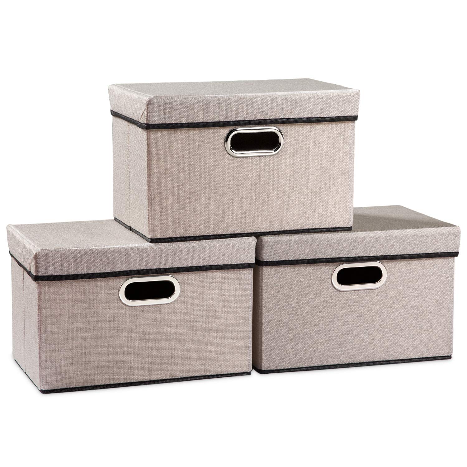 Prandom Storage Boxes with Lids,Collapsible Linen Fabric Storage Box,Decorative Bins,Really Useful Box,Clothing Storage,Stackable,38x25x25cm,Light Grey[3-Pack]