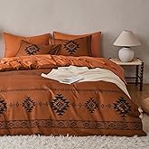 Wake In Cloud - Western Comforter Set, Boho Southwestern Farmhouse Style with Aztec Diamond Geometric Pattern, Soft Lightweight Bedding, 3 Pieces, Burnt Orange, Queen Size