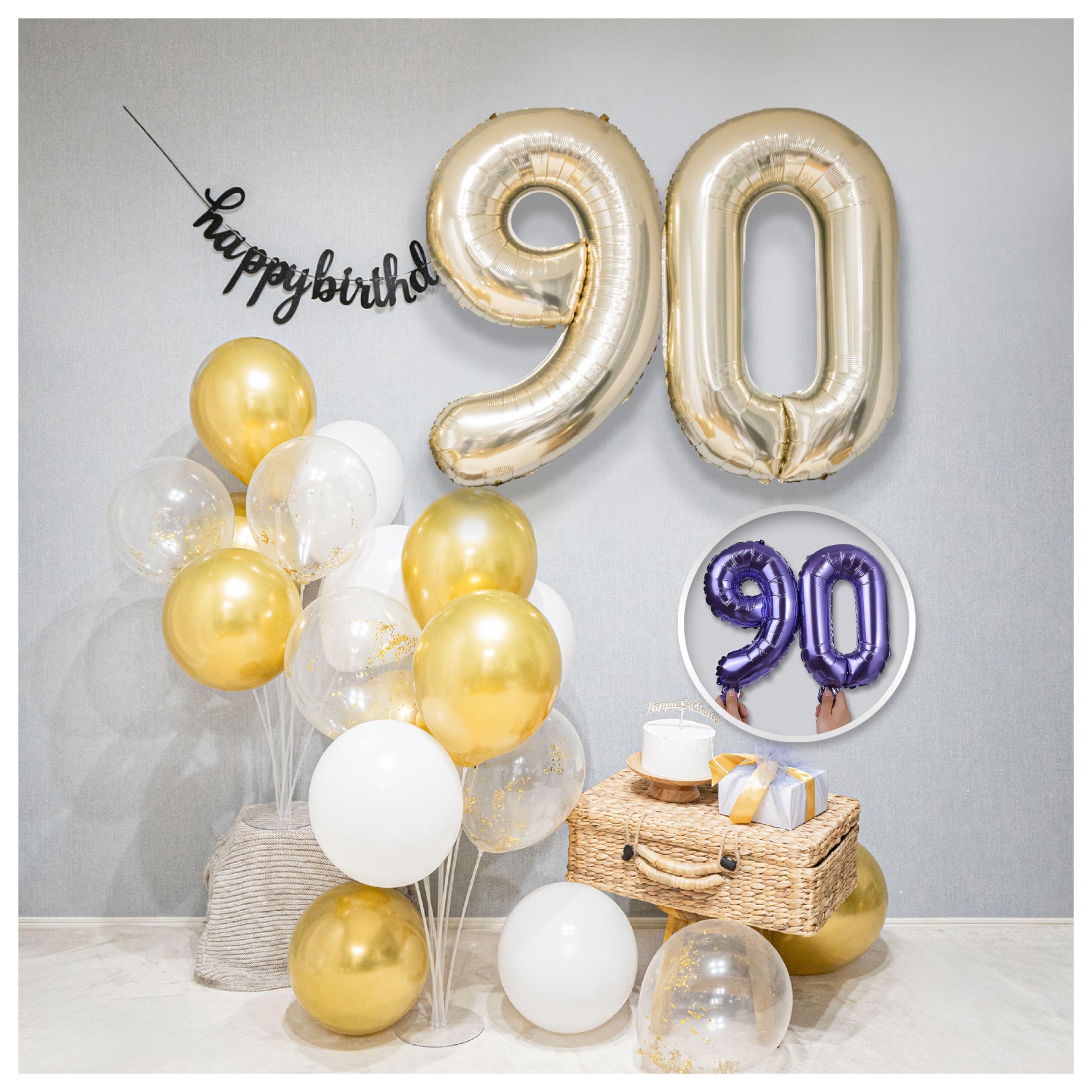 【風船屋】９０歳 誕生日 数字バルーン 卒寿 ゴールド バースデー 飾り付けセット 女性 男性 オシャレ サプライズ プレゼント (90歳・卒寿) の商品画像