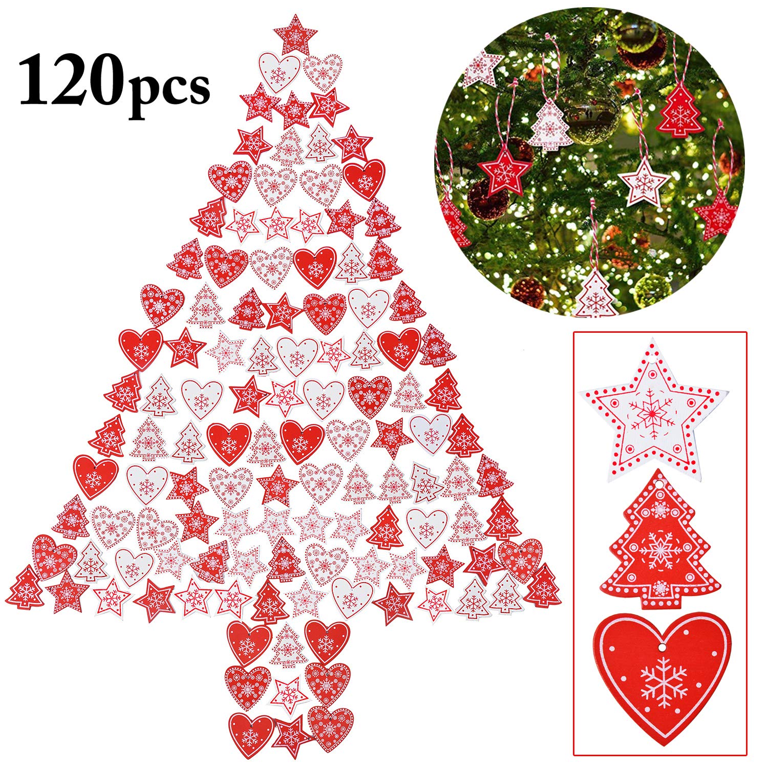 ZOYLINK 120-PCS Colgantes Navidad Adornos Árbol de Fiesta Decoración de Navidad Estrella Corazón de Amor Árbol de Navidad Dadorno Colgante