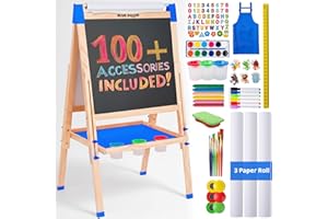 Blue Squid Art Easel for Kids with Paper Roll x 3, Includes 100+ Accessories, Double Sided Adjustable Wooden Painting Easel with Magnetic Chalk Board, White Board for Toddlers Ages 3,4,5,6,7,8,9,10,12