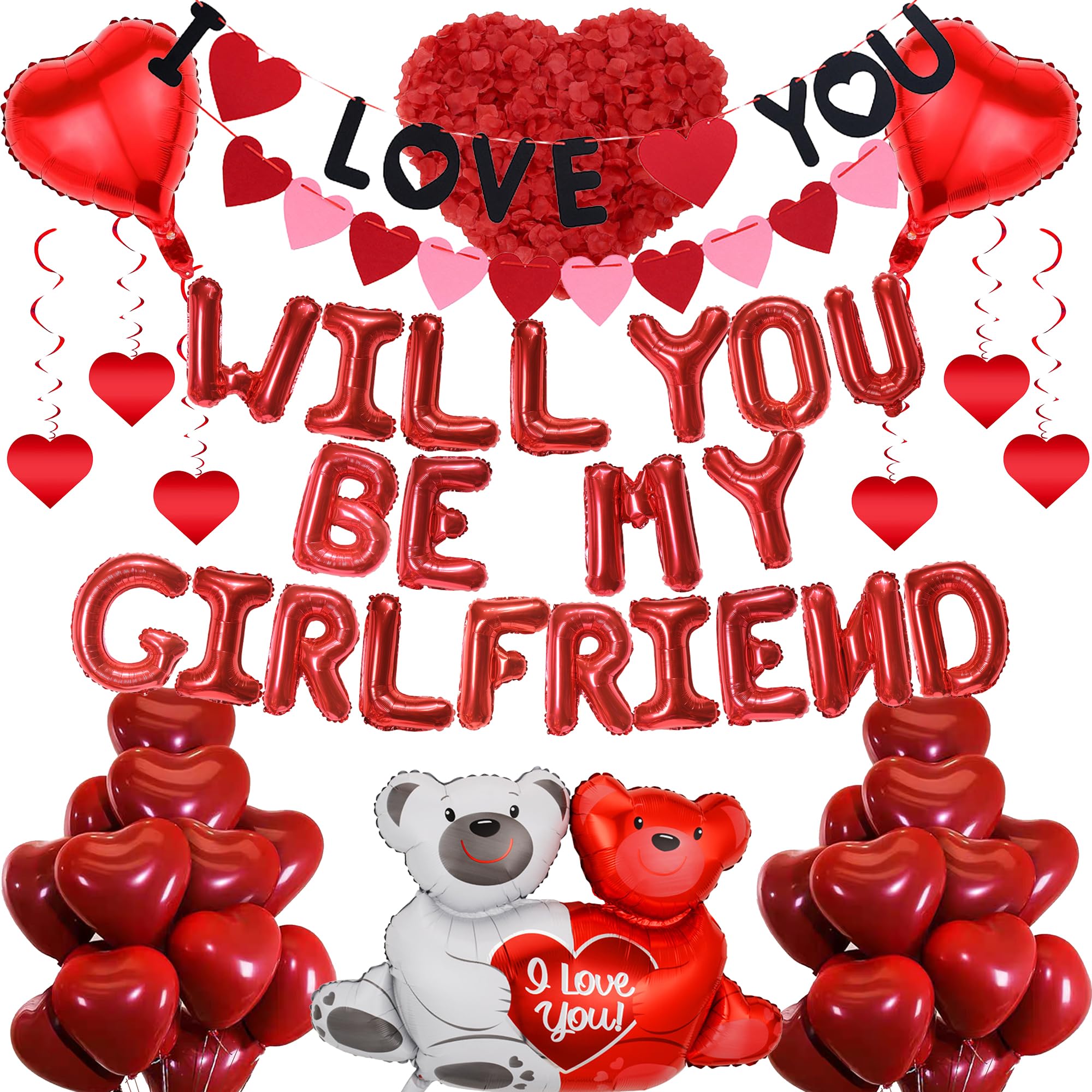 Will You Be My Girlfriend - 552Pcs Romantic Decorations Heart Balloons I Love You Banner Red Bear Foil Balloon Rose Petals for Valentine's Day Supplies