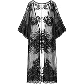 Romanstii Women's Lace Cardigan Floral Crochet Sheer Beach Cover Ups Long Kimono