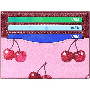 Sodsay Credit Card Holder for Women, Cute Cherry Print | Slim Card Case, Minimalist Front Pocket RFID Blocking with Card Slot