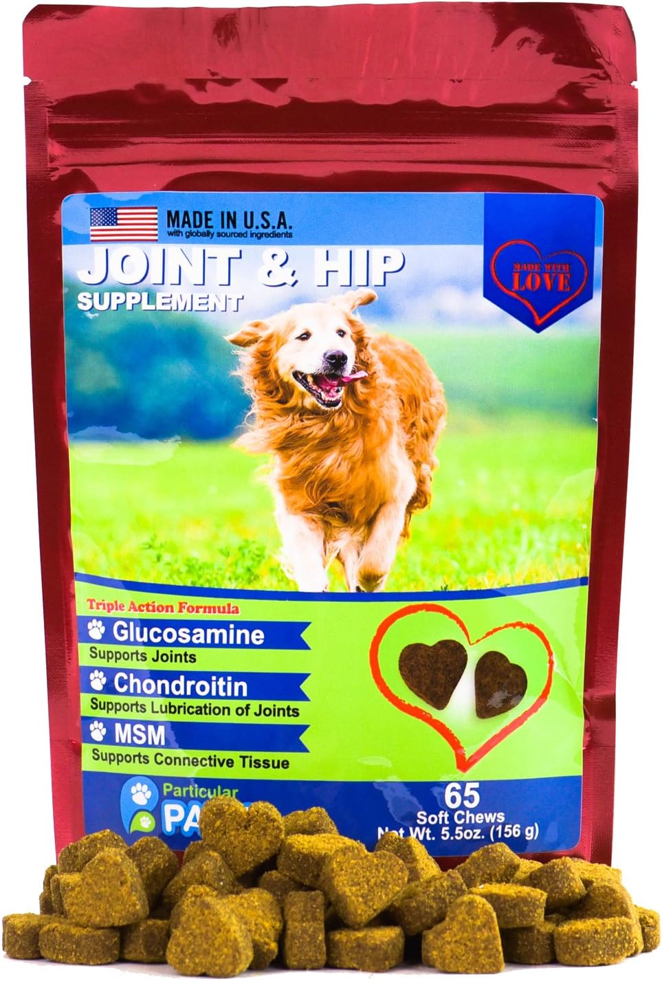 Particular Paws Glucosamine for Dogs - Treats - Joint & Hip Formula with MSM, Chondroitin and Hyaluronic Acid - Bacon Flavor - 65 Soft Chews