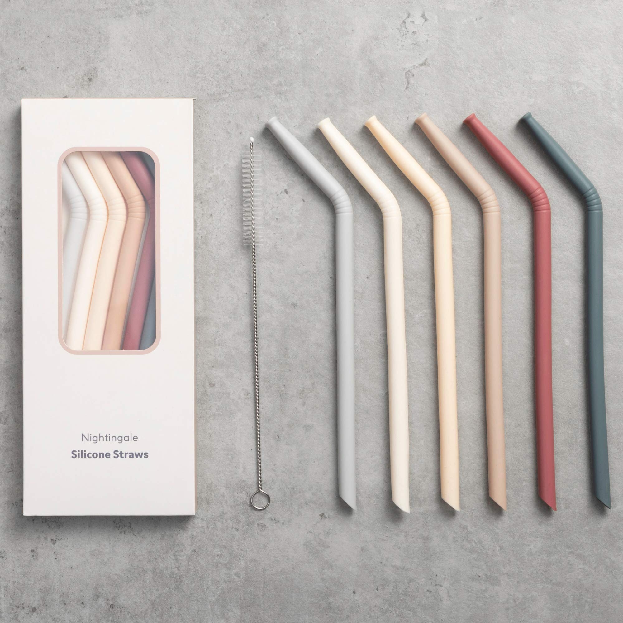 Photo 1 of Nightingale Reusable Silicone Straws - Bendy Drinking Straw with Cleaning Brush - Collapsible and Bendable Travel Straw for Kids - Dishwasher Safe, Food-Safe - Set of 6 (Oak Multi)
