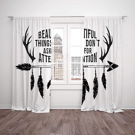 Thermal Insulated Blackout Window Curtain Antler Decor Hand Drawn