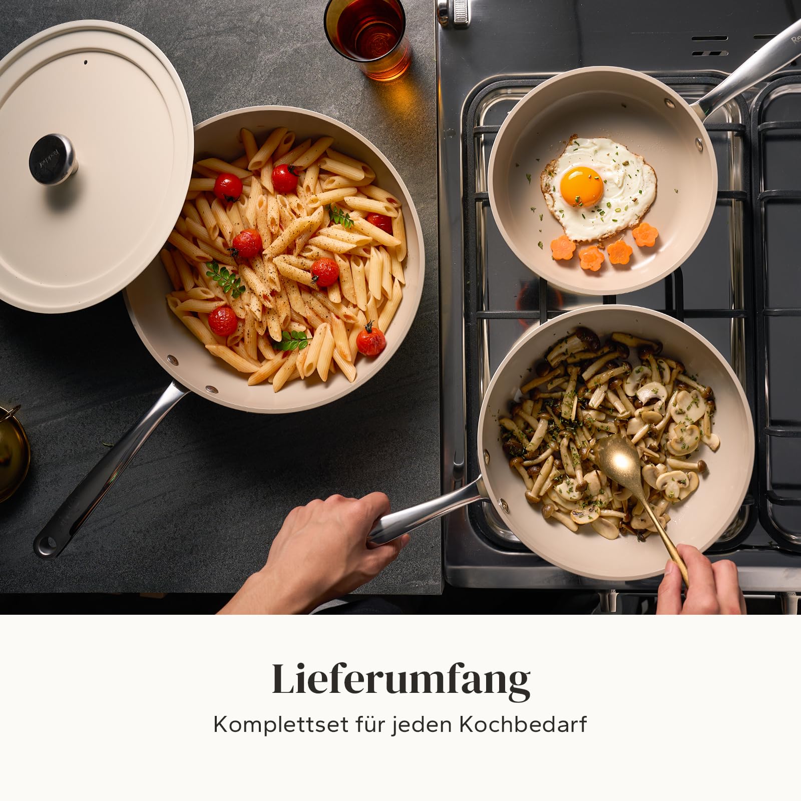 Redchef Pfannenset Keramik Aluminium Bratpfannen, Antihaft Keramik-beschichtet Pfannen Induktion 20/24/28 cm für alle Herdarten, PTFE-frei PFAS-frei PFOA-frei, Backofenfest (Beige) 4