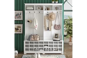 LUMISOL Wide Hall Tree with Storage Bench for Entryway, 60" Coat Rack with Shoe Cubbies and Top Shelves for Living Room Mudroom, White