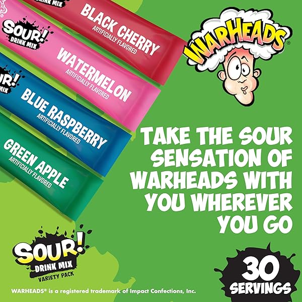WARHEADS SINGLES TO GO SOUR DRINK MIX, 30 STICKS, VARIETY PACK (GREEN APPLE, BLACK CHERRY, WATERMELON, BLUE RASPBERRY), ZERO SUGAR, LOW CALORIE