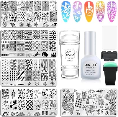 AIMEILI Nail Art Stamping Kit 5 Plates 2 Stampers Scrapers Latex Tape Flower