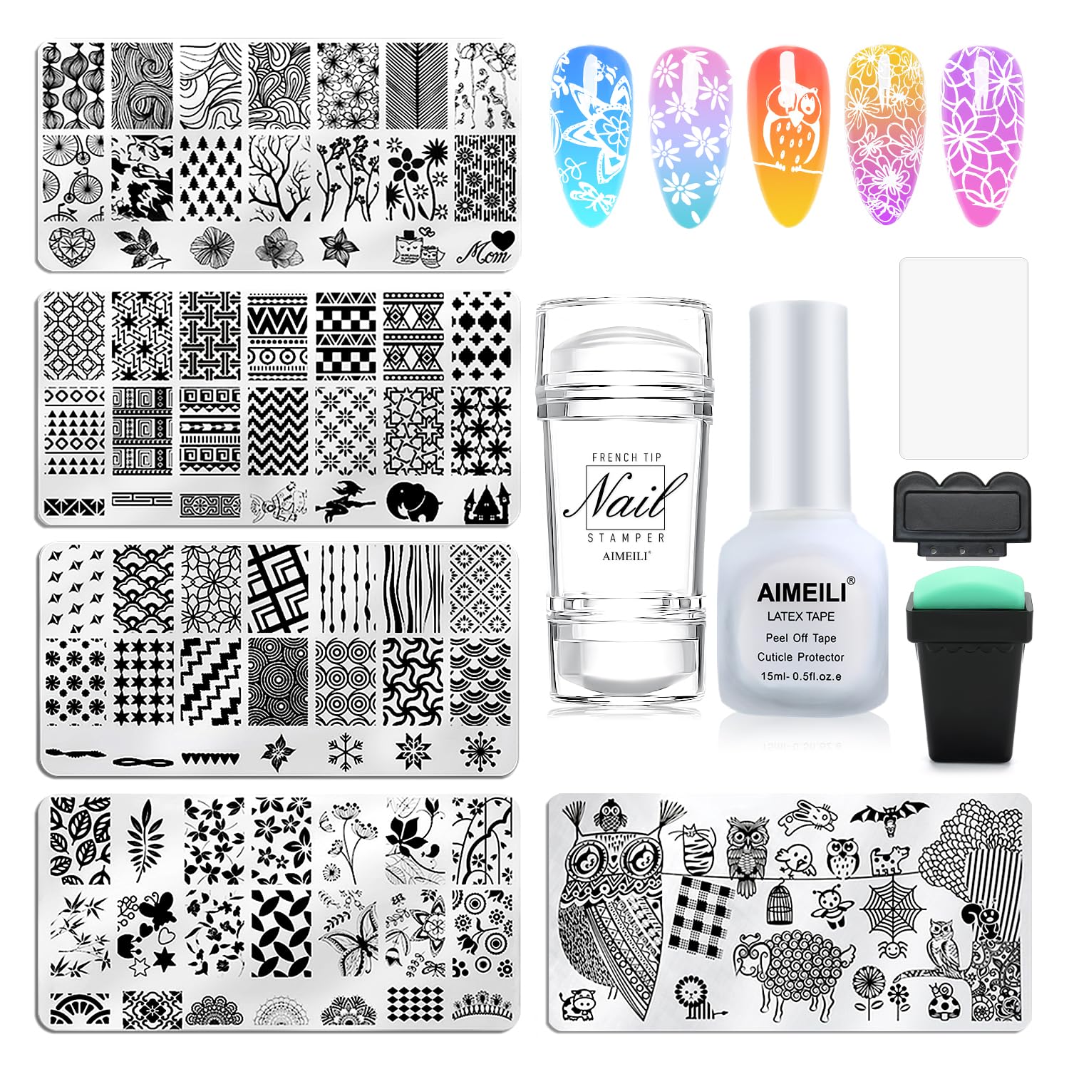 AIMEILI Nail Art Stamping Templates Manicure Tool Kit 5Pcs Nail Stamping Plates, 2 Stamper, 2 Scraper, 1 Latex Peel Off Tape, Flower Animal Pattern Manicure Print Tools for DIY Nail Art Designs