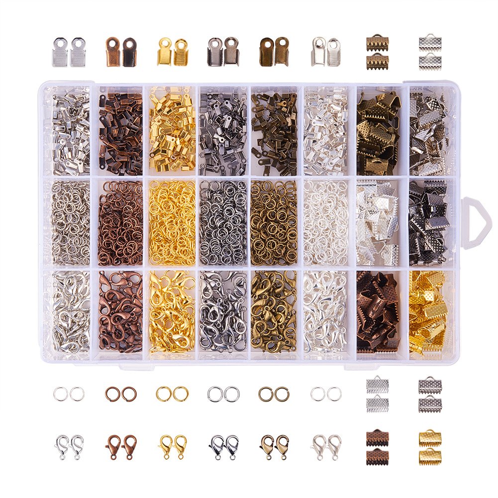 PH PandaHall 2580pcs Jewellery Findings Kit, 4 Styles Jewellery Accessories Jewellery Fastenings Includes Open Jump Rings Lobster Claw Clasps Cord Ends Ribbon Ends for Jewellery Making DIY Crafts
