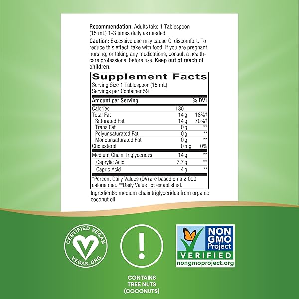 NATURE’S WAY ORGANIC MCT OIL, 30 FL OZ, BRAIN AND BODY FUEL FROM COCONUTS*, C8 CAPRYLIC ACID AND C10 CAPRIC ACID, KETO AND PALEO CERTIFIED, ORGANIC, NON-GMO PROJECT VERIFIED (PACKAGING MAY VARY)