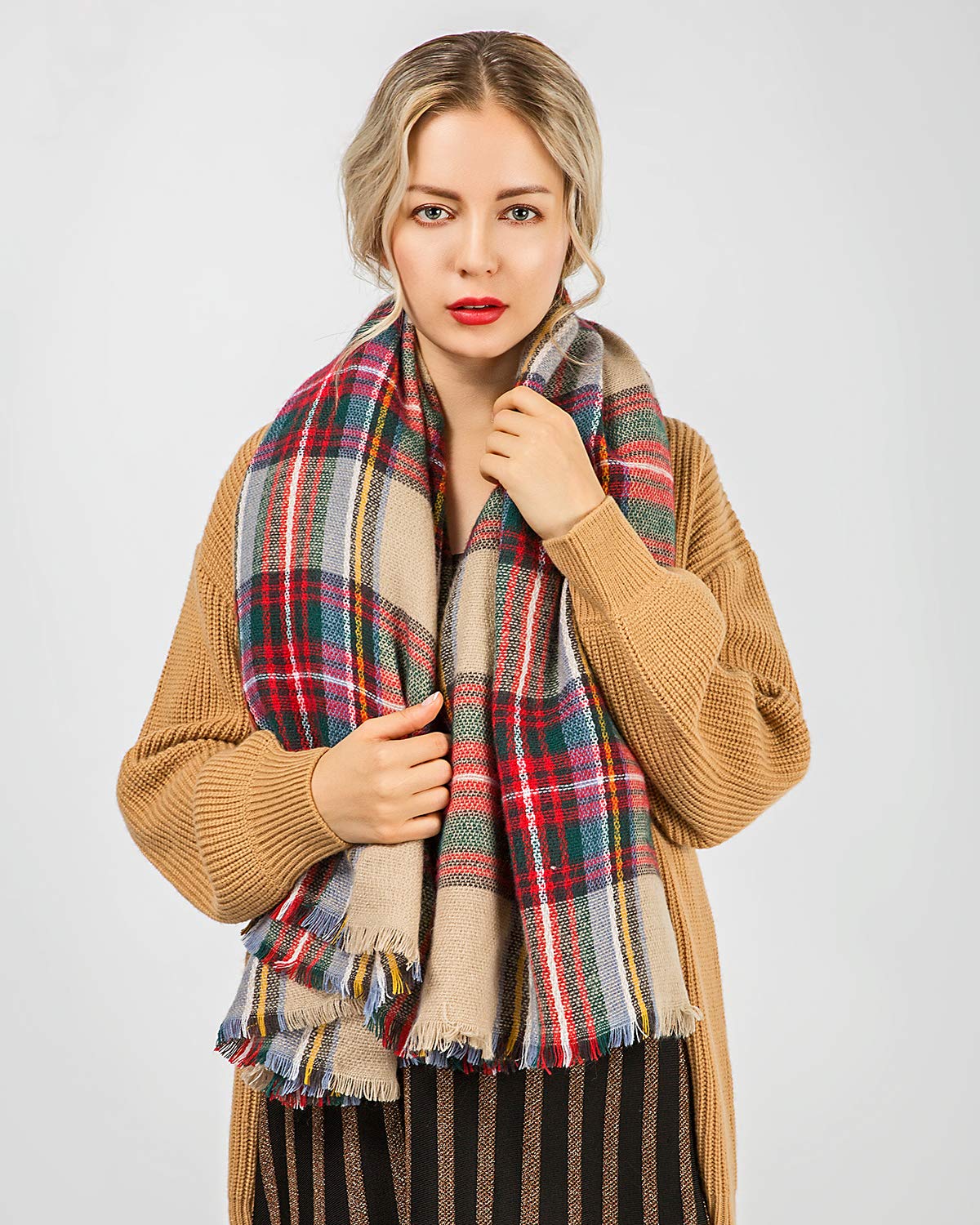 Womens Big Square Scarf Multi-Color Plaid Blanket Shawl Long Tartan Shawl (Dark red2)