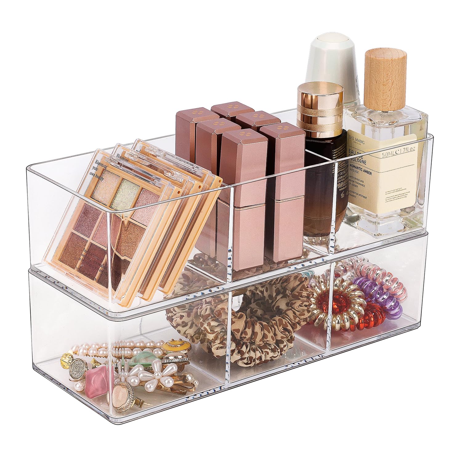 JessLab Acrylic Organizer, 2PK Cube Sections Makeup Organizer for Drawer, Makeup Organizer for Vanity, Countertop, Bathroom, Kitchen and Cabinet Storage(3+3 Compartment)