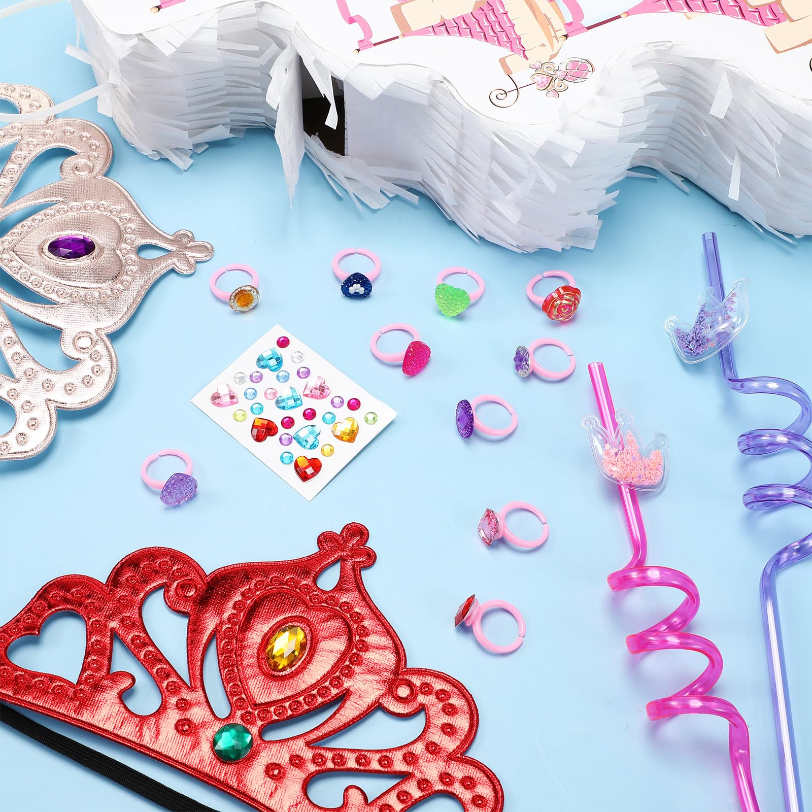 Syhood 70 Pcs Castle Princess Party Decorations Set Princess Castle Piñata Tiaras Crown Blindfold Mask Gem Stickers Gem Rings and Straws for Theme Birthday Party Supplies Decor