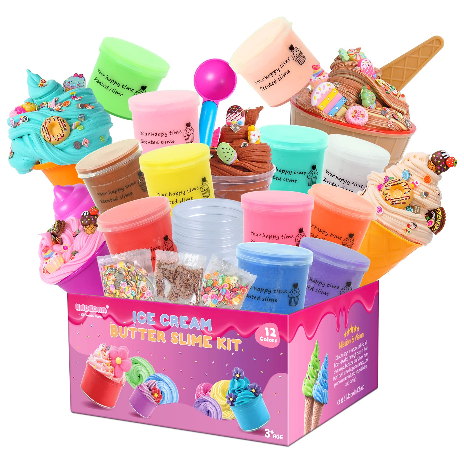 12 Pack Slime Kit, Butter Slime Set for Girls kids, Slimes with Ice Cream Accessories Molds Sets, Slime Making Kit, Play Mat, Putty Toy Gift Prize Party Favors for Boys