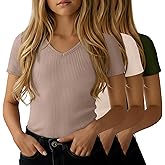 LessonZoo 3 Pack Girls Short Sleeve Shirts V Neck Fitted Ribbed Tops Tween Kids Summer Soft Comfy Cute Teen Basic Tees