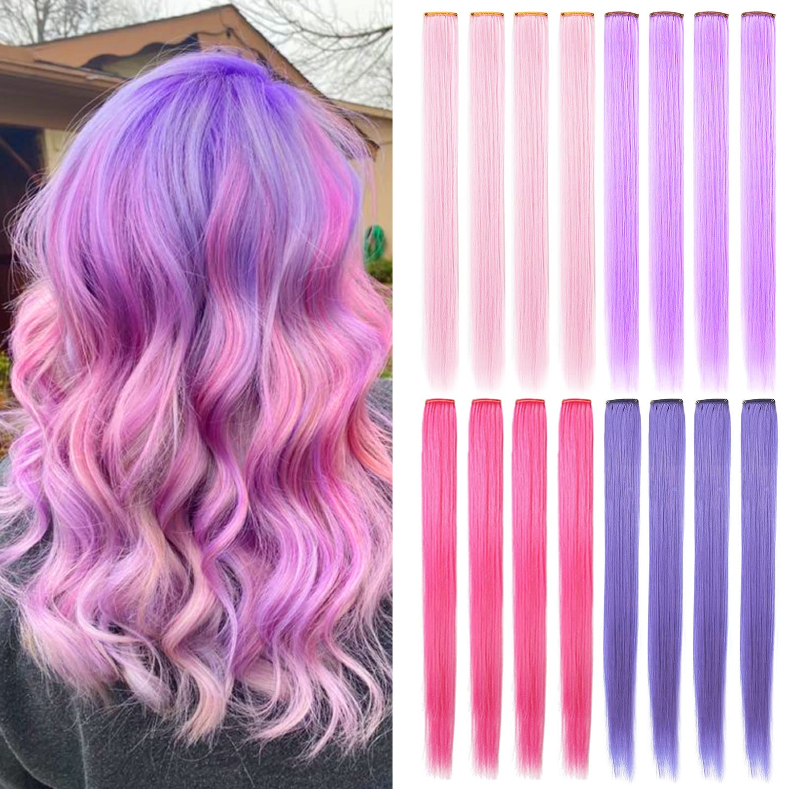 SHKJCHP 16 PSC Colored Hair Extensions Clip in Women Fashion Hairpieces 21"/55cm Long Straight Hair Heat Resistant Girls Wig Pieces For Women Cosplay (Light pink,Light purple,Pink,Lavender)