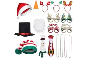VioraWhite 19 Pc Photo Booth Props - Christmas Party Set with Hats, Glasses, Headbands, Necklaces, Necktie, White Beard, Knit & Black Hats, Carrot Nose