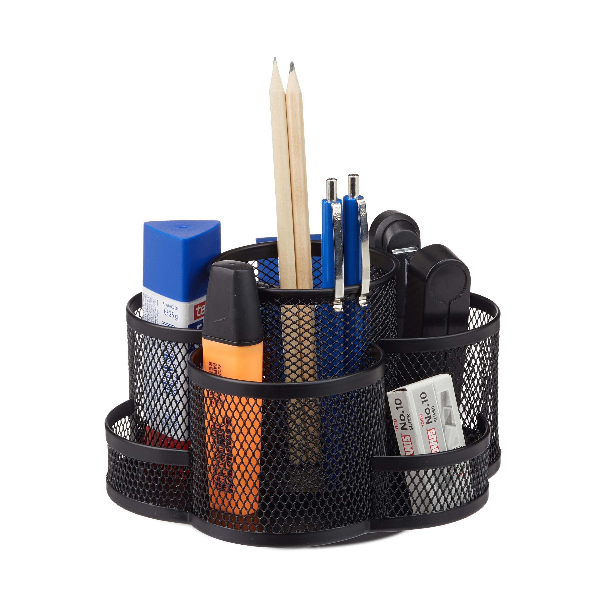 Relaxdays Pencil Holder, Metal Mesh, 7 Compartments, Rotatable, Round Desk Organizer, Black