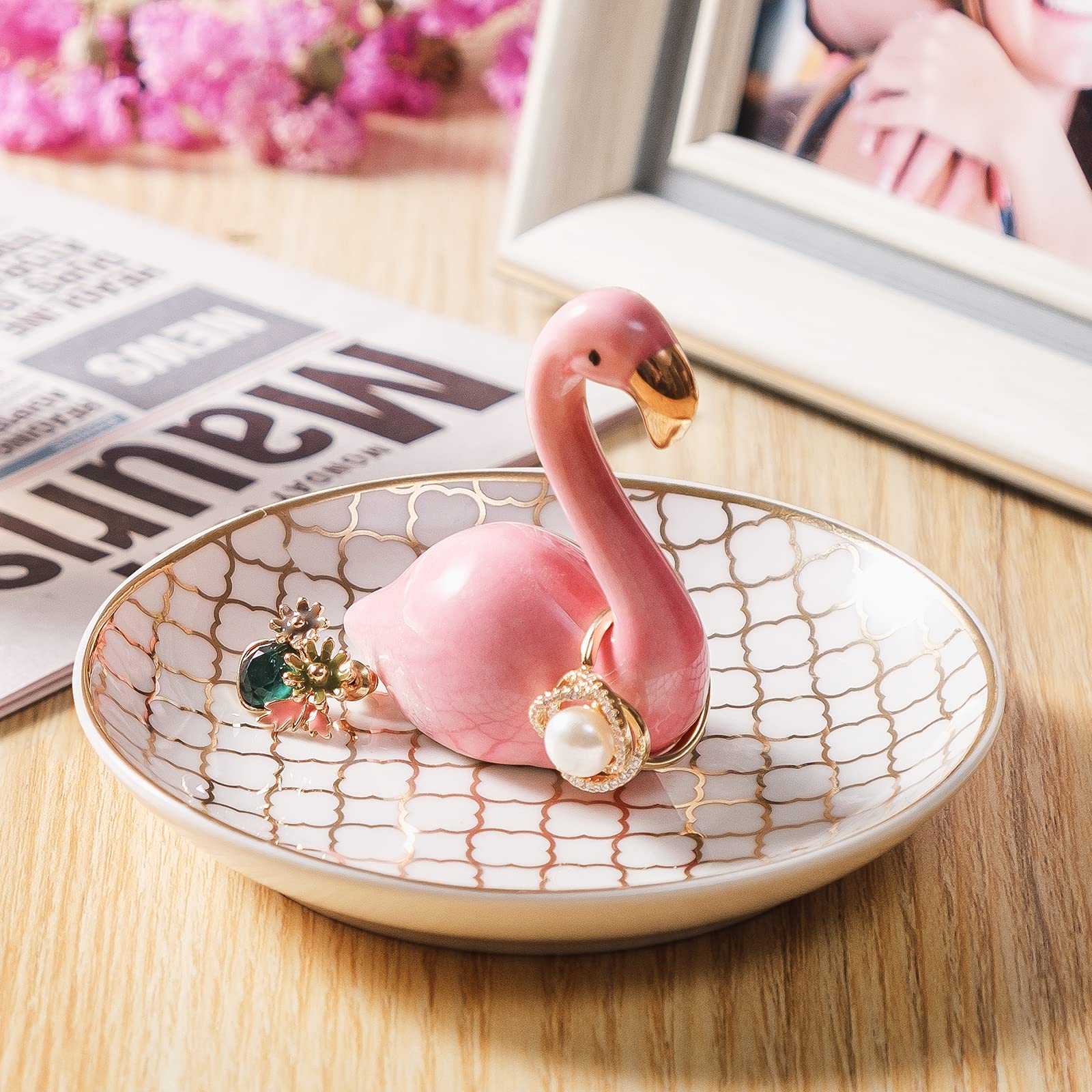 PUDDING CABIN Flamingo Ring Holder for Jewelry Trinket Tray Flamingo Gifts for Women Girls Friend Her Mom Christmas Thanksgiving Gifts Birthday Mothers Day Valentines Gifts Flamingo Decor