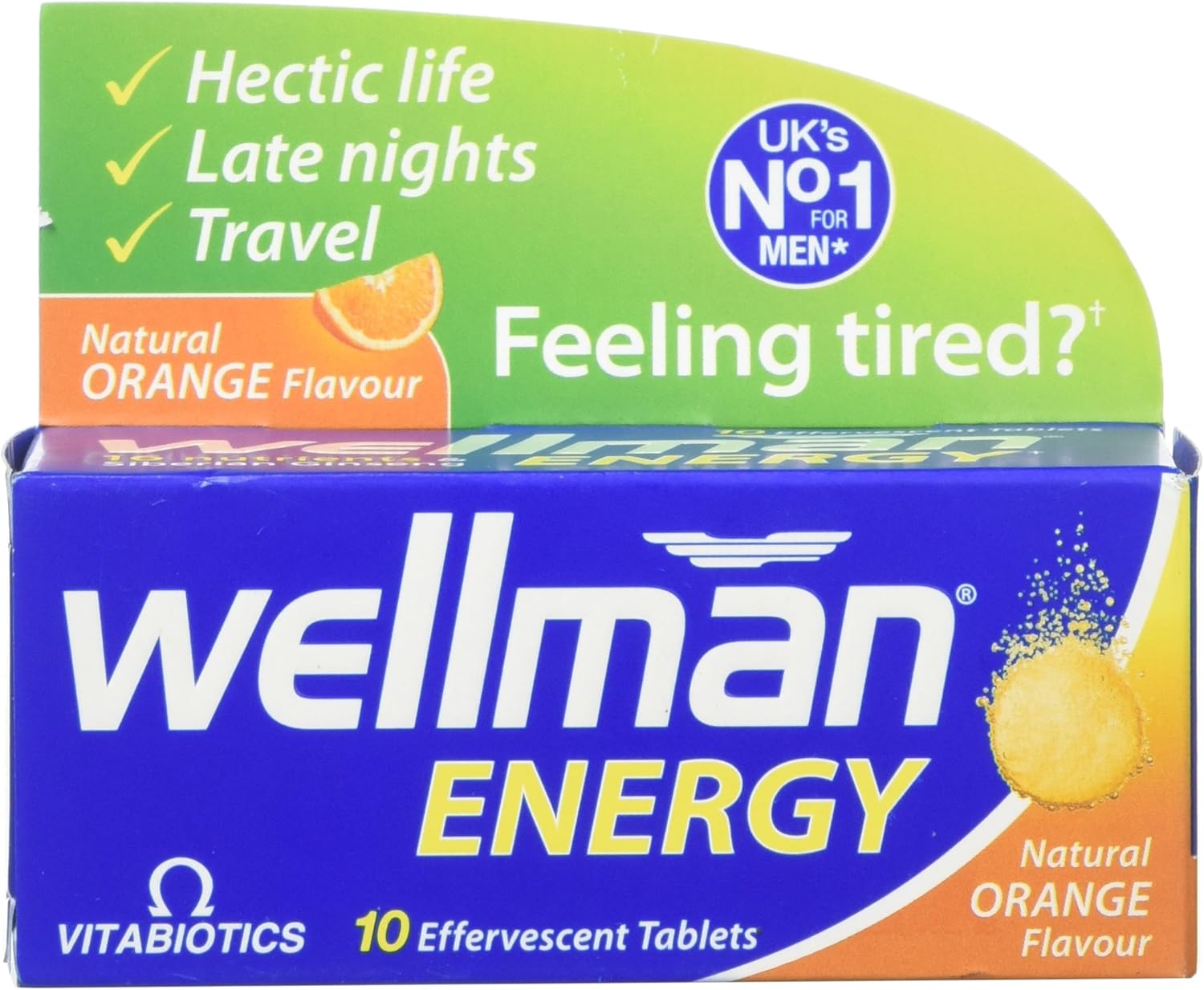 Wellman Energy Orange - 10 Dissolving, Multivitamins Effervescent Tablets for Man Natural Orange Flavour, by Vitabiotics